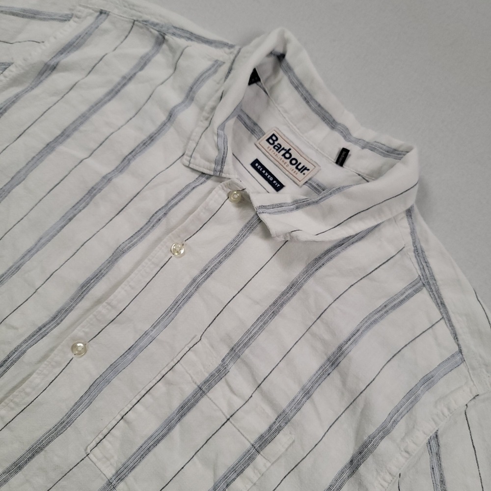 Barbour Garnock Shirt Mens Large White Blue Striped Relaxed Fit Linen Cotton S/S